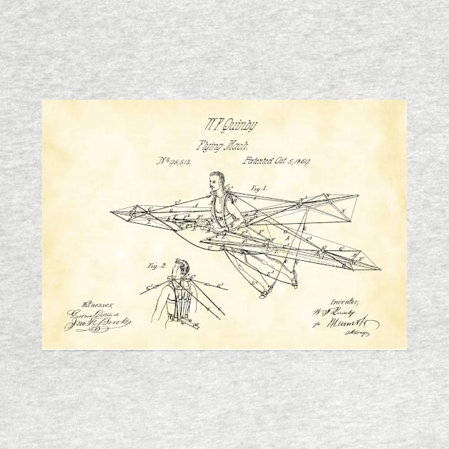 Man Power 1869 Flying Machine, original patent drawing parchment background by QualitySolution